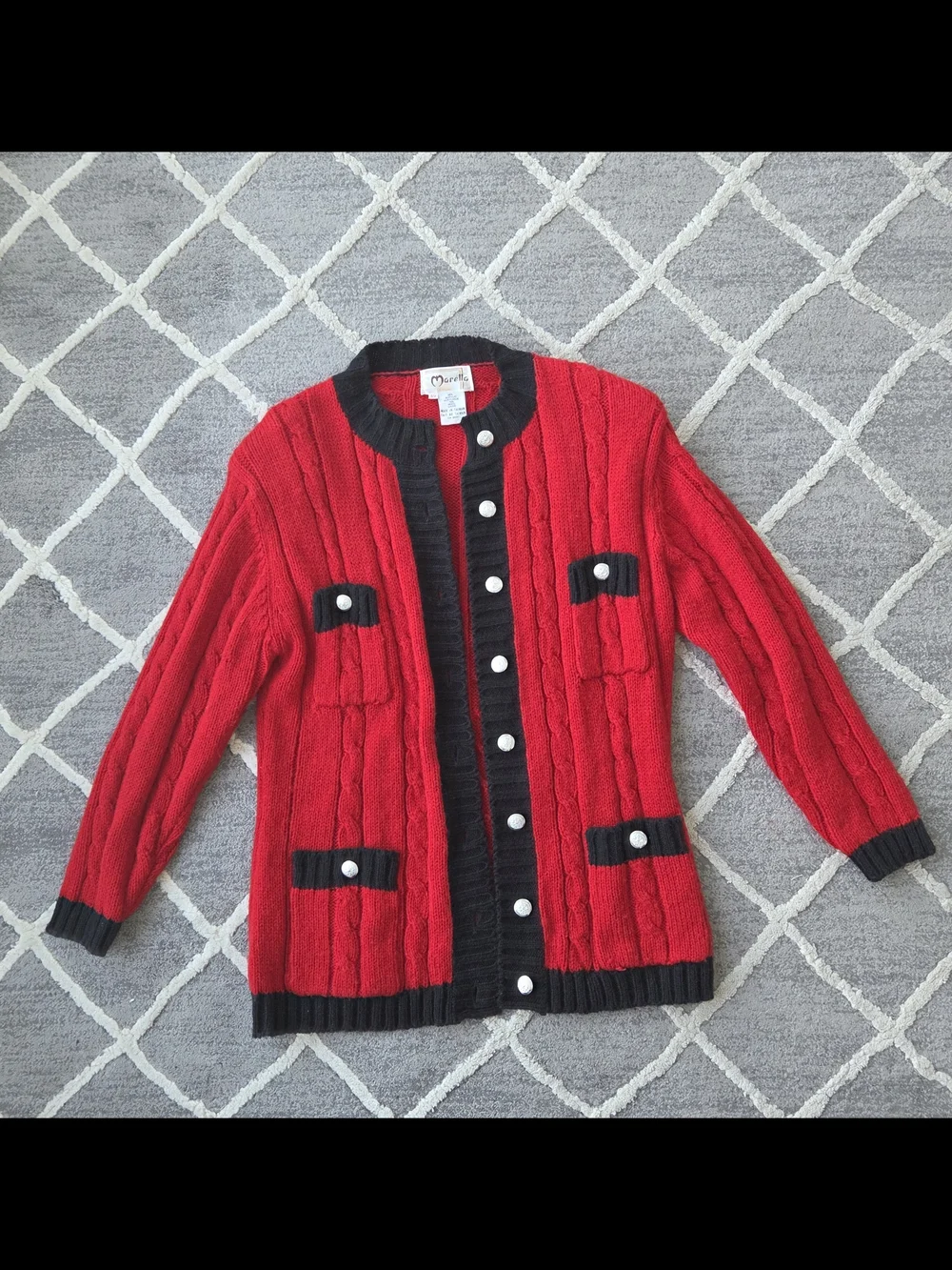Vintage Red Wool Cable Knit Cardigan with Black Trim - Picture 2 of 5